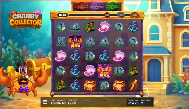 Crabby Collector gameplay screenshot showing the 5×5 grid with wild symbols, collection counter at 0/50, free spins active, demo balance and bet UI, and the crab mascot with top hat and monocle