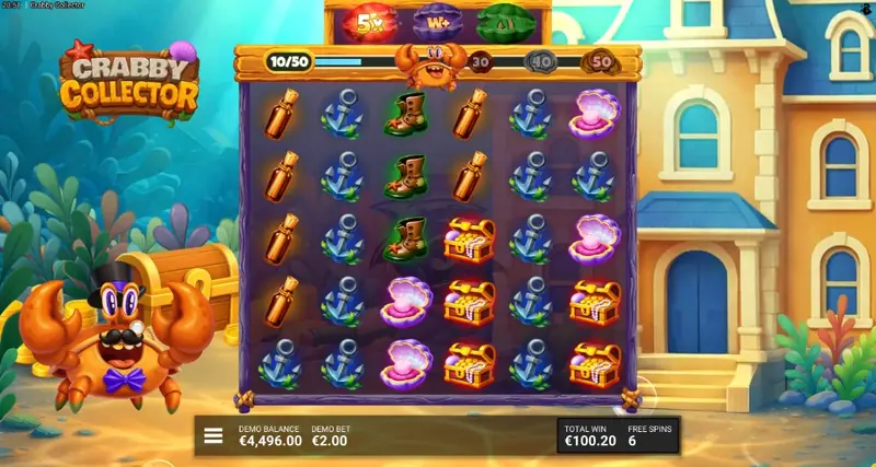 Crabby Collector bonus round gameplay screen showing free spins, stacked multipliers and the collection counter