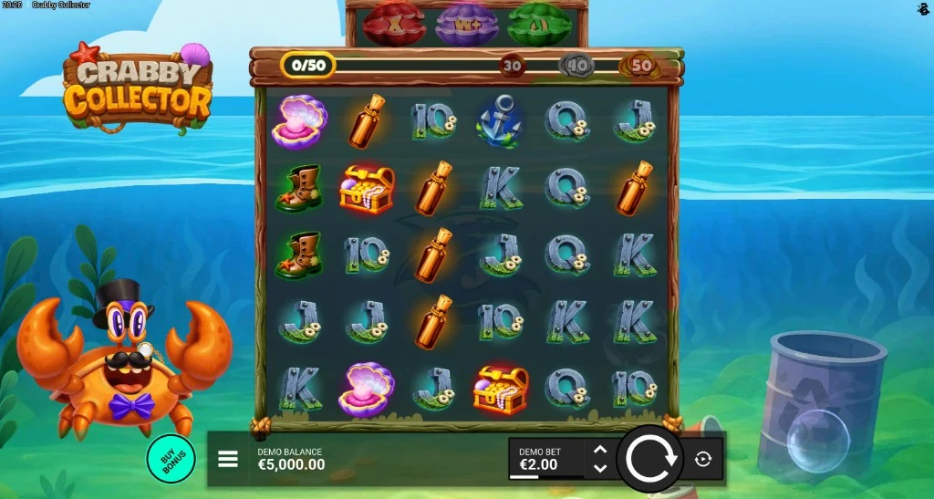 Crabby Collector base game layout — 5×5 reel grid with underwater theme, collector crab character, demo balance €5,000, demo bet €1.00 and Buy Bonus button